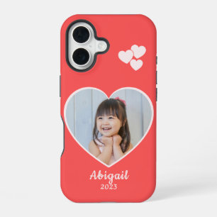 Photo Heart and Name in White on Coral Red iPhone 16 Case