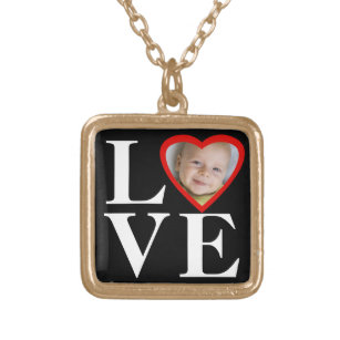 Photo Heart Frame LOVE Black/White/Red Gold Plated Necklace