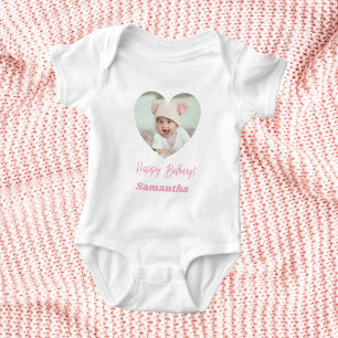 Photo heart name birthday baby girl pink bodysuit