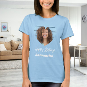 Photo heart name birthday woman blue T-Shirt