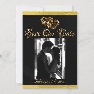Photo, Hearts & Ribbon - Black/Gold Save The Date