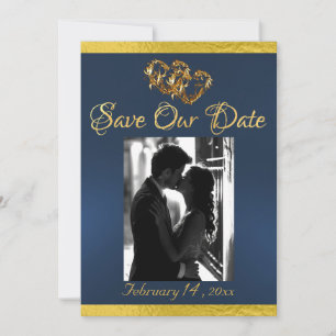 Photo, Hearts & Ribbon - Blue/Gold Save The Date