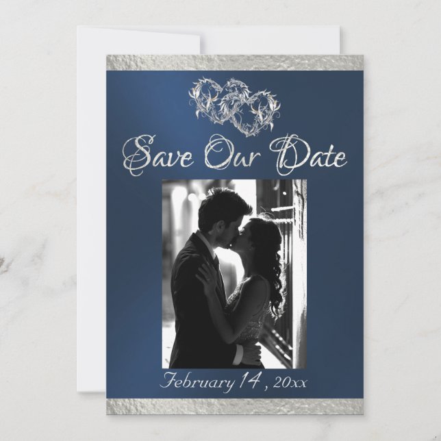 Photo, Hearts & Ribbon - Blue/Silver Save The Date (Front)