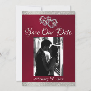 Photo, Hearts & Ribbon - Burgundy/Silver Save The Date