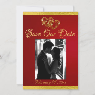 Photo, Hearts & Ribbon - Crimson/Gold Save The Date
