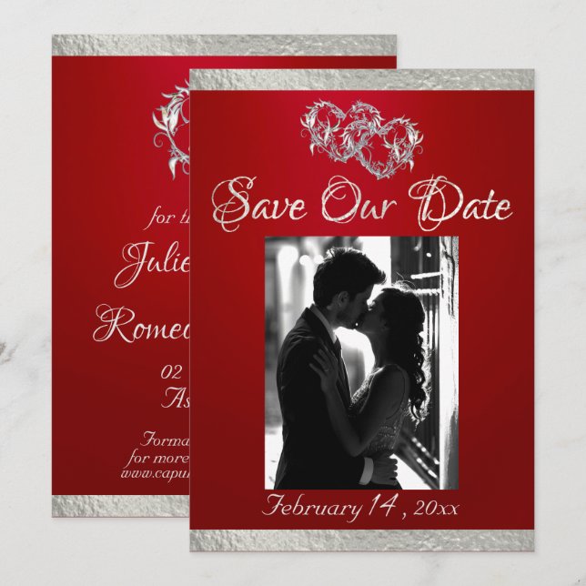 Photo, Hearts & Ribbon - Crimson/Silver Save The Date (Front/Back)