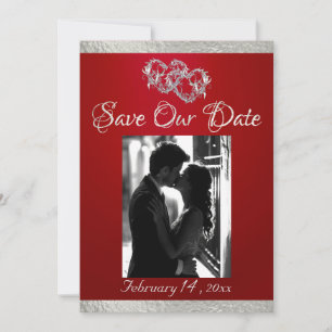 Photo, Hearts & Ribbon - Crimson/Silver Save The Date