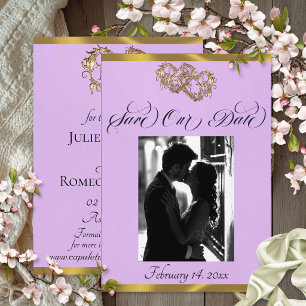 Photo, Hearts & Ribbon - Lavender/Gold Save The Date