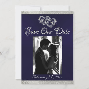Photo, Hearts & Ribbon - Navy Blue/Silver Save The Date