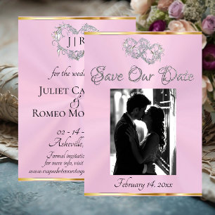 Photo, Hearts & Ribbon - Pastel Pink/Silver Save The Date