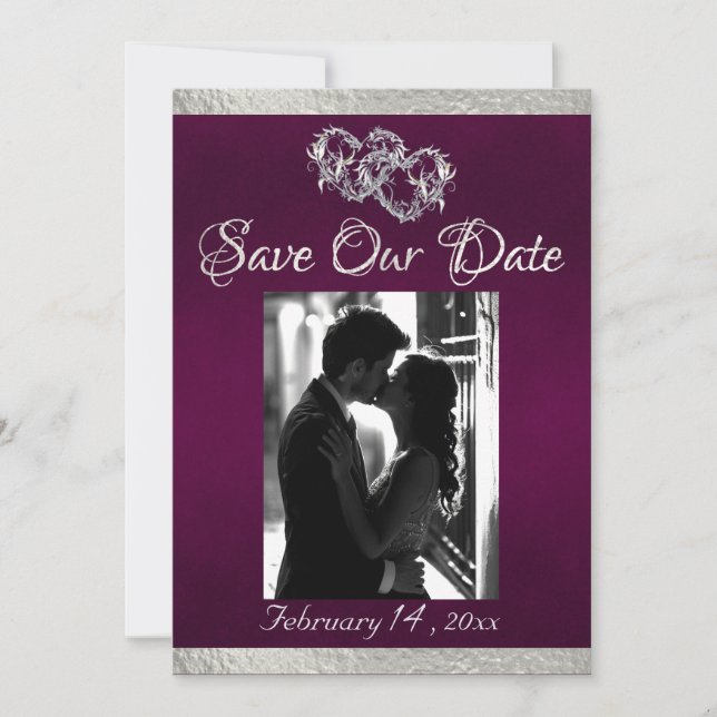 Photo, Hearts & Ribbon - Purple/Silver Save The Date (Front)
