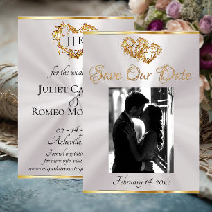 Photo, Hearts & Ribbon - White Pearl/Gold Save The Date