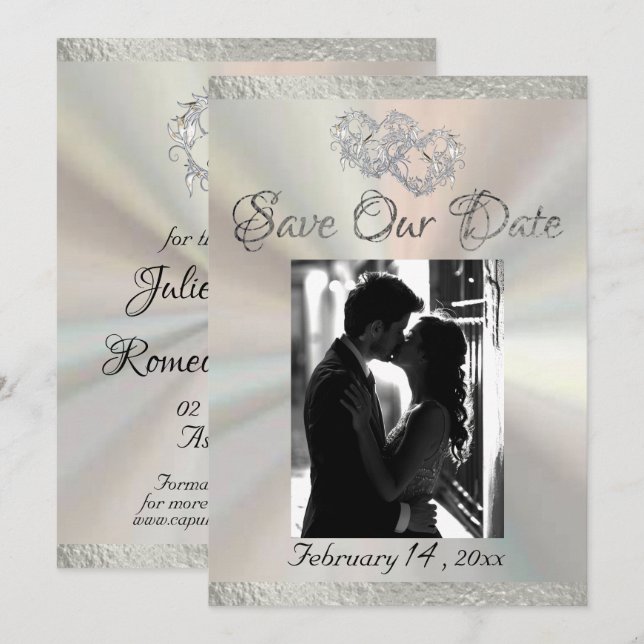 Photo, Hearts & Ribbon - White/Silver Save The Date (Front/Back)