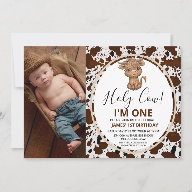 Photo Highland Cow Cow Print  1st Birthday Invitation (Front)