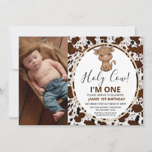 Photo Highland Cow Cow Print  1st Birthday Invitation