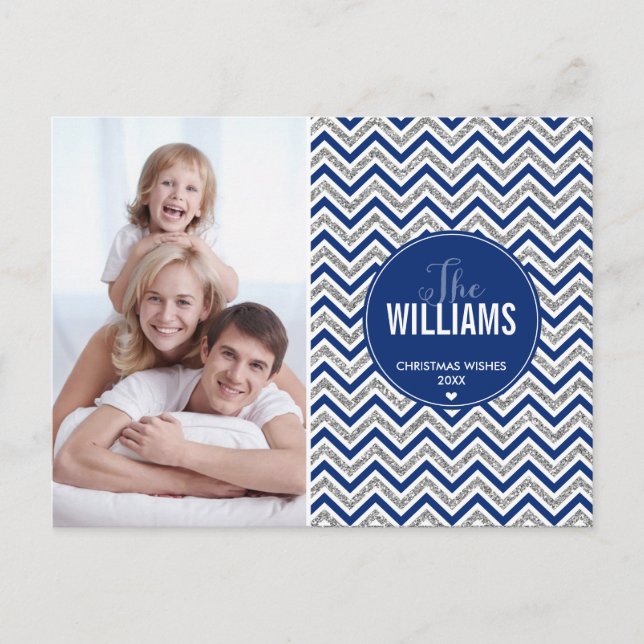 PHOTO HOLIDAY CARD chevron glitter silver navy (Front)