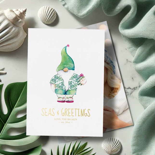 Photo Holiday Card Christmas in The Sand (Tropical Christmas cards with photo. Watercolor art by Victoria Grigaliunas Do Tell A Belle)
