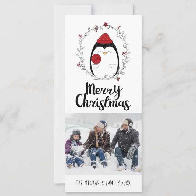 PHOTO HOLIDAY CARD | Cute Doodle Lollipop Penguin (Front)