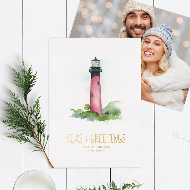 Photo Holiday Card Watercolor Lighthouse (Christmas Card Photo Holiday Card Watercolor Lighthouse)
