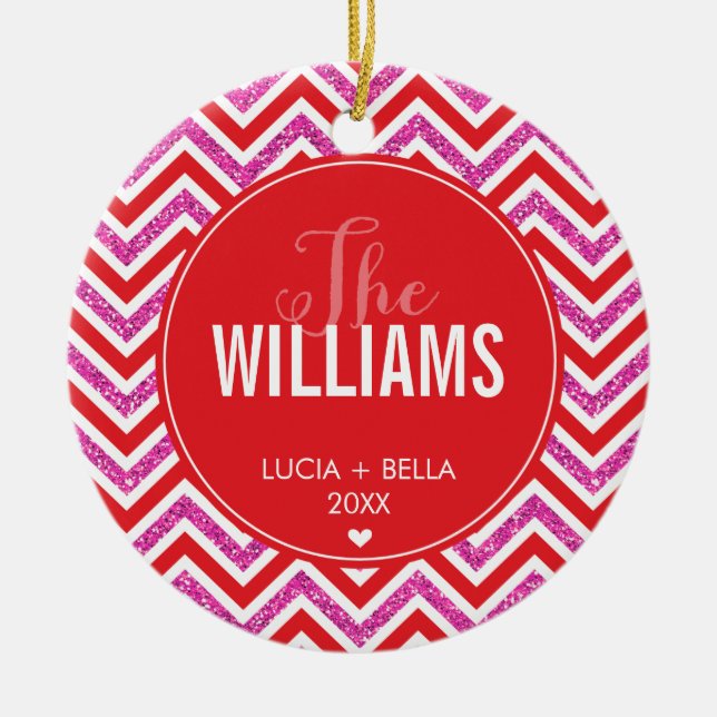 PHOTO HOLIDAY ORNAMENT chevron glitter pink red (Front)