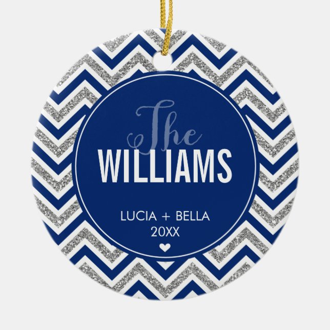 PHOTO HOLIDAY ORNAMENT chevron glitter silver navy (Front)