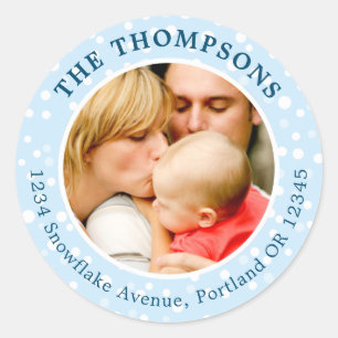 Photo Holiday Return Address Label Round Blue