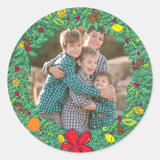 Photo Holiday Sticker: Christmas Wreath Photo Classic Round Sticker (Front)