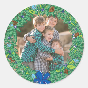 Photo Holiday Sticker: Round Hanukkah Wreath Frame Classic Round Sticker