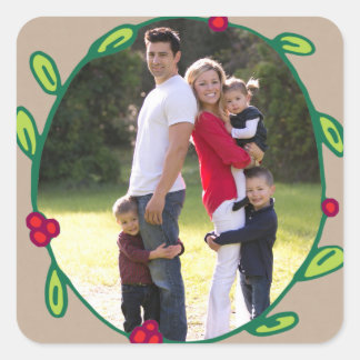 Photo Holiday Sticker: Rustic Foliage Wreath Photo Square Sticker
