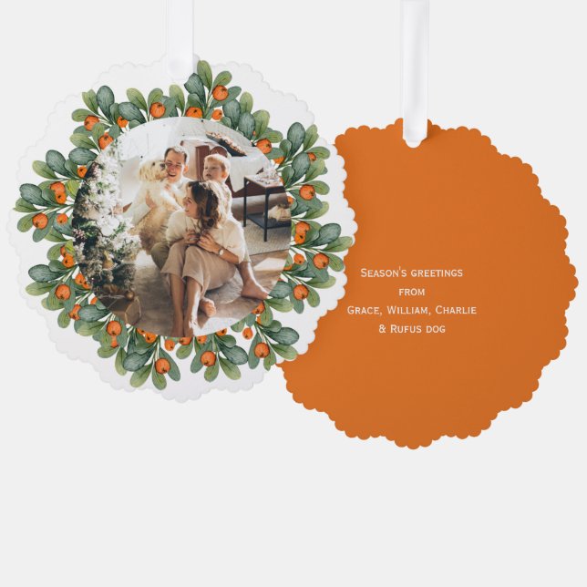 Photo Holiday Wreath Personalised Christmas Tree Decoration Card (Front/Back)
