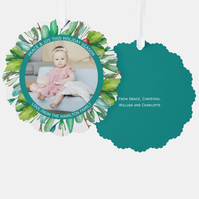 Photo Holiday Wreath Personalised Christmas Tree Decoration Card (Front/Back)