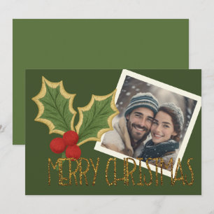 Photo Holly Berries Embroidery Christmas Holiday Card