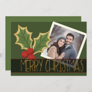 Photo Holly Berries Embroidery Christmas Ribbon Holiday Card