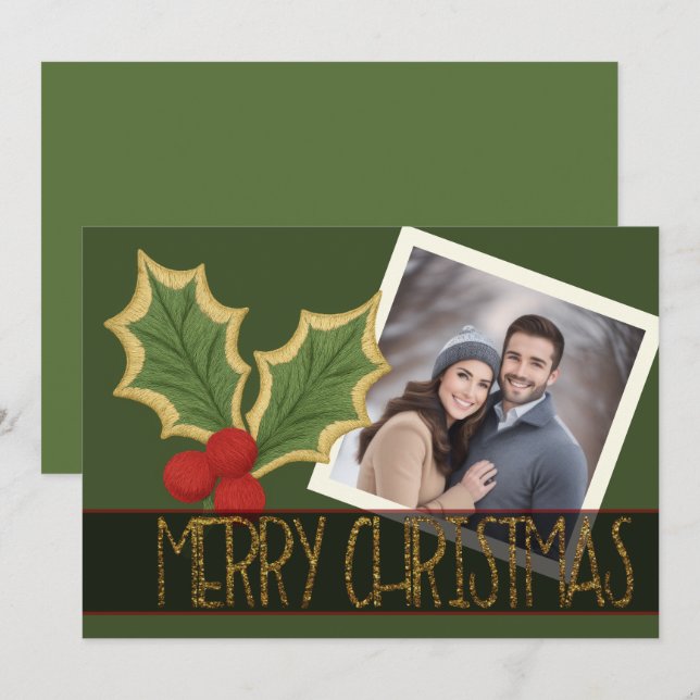 Photo Holly Berries Embroidery Christmas Ribbon Holiday Card (Front/Back)