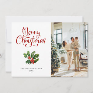 Photo Holly Berries Script Merry Christmas Card