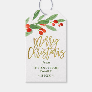 PHOTO Holly Berry Watercolor Christmas Holiday Gift Tags