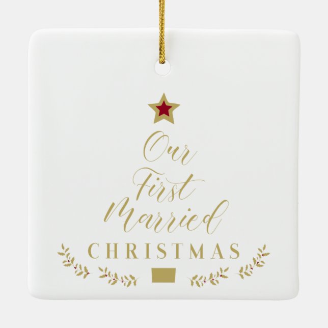 Photo Holly Branches Our First Married Christmas Ceramic Ornament (Back)