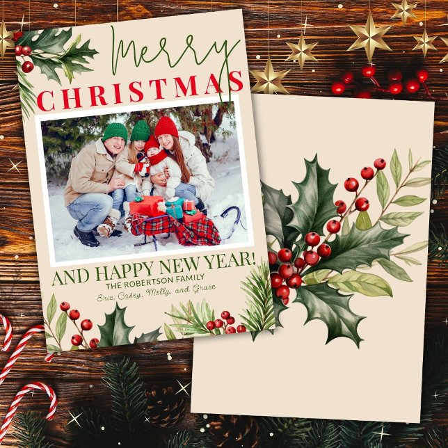Photo Holly Pine Red Berries Beige Christmas Card (Creator Uploaded)