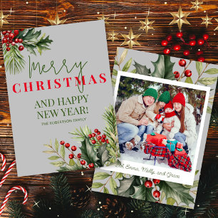 Photo Holly Pine Red Berries Grey Christmas Card