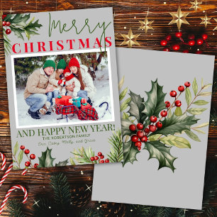 Photo Holly Pine Red Berries Grey Christmas Card
