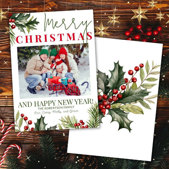Photo Holly Pine Red Berries White Christmas Card (Creator Uploaded)