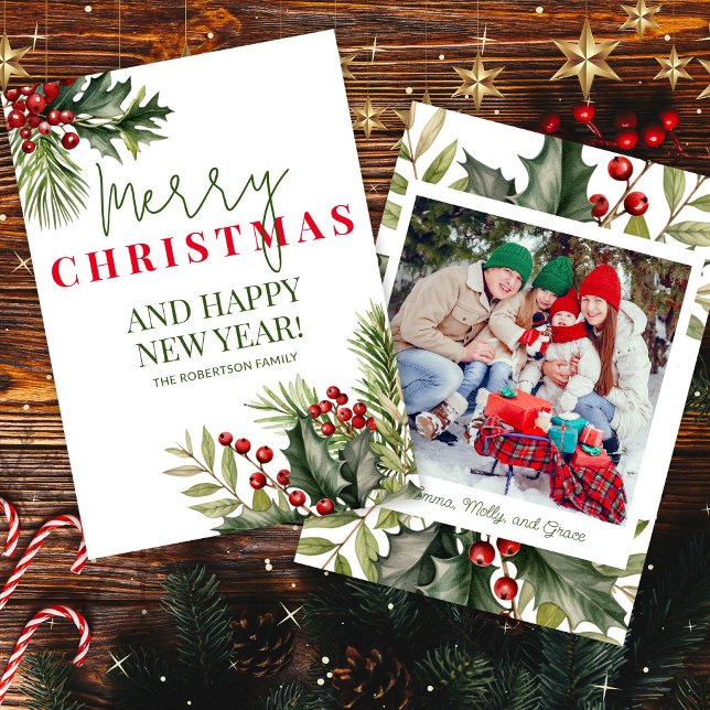 Photo Holly Pine Red Berries White Christmas Card (Creator Uploaded)