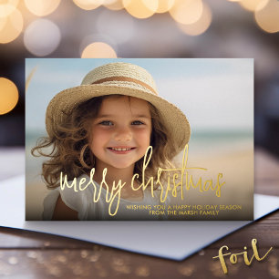 Photo horizontal Merry Christmas - green gold Foil Holiday Card