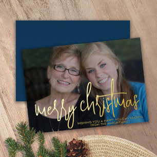 Photo horizontal Merry Christmas - navy blue gold Foil Holiday Card