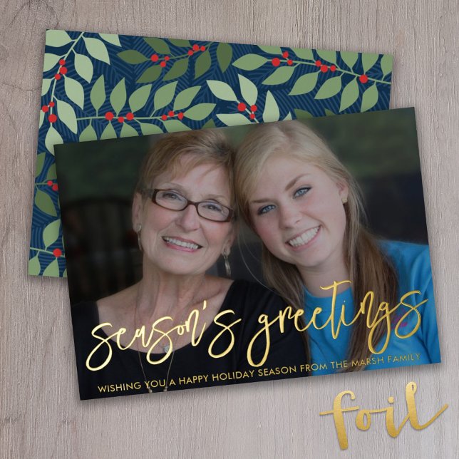 Photo horizontal Season's Greetings botanical gold Foil Holiday Card (Creator Uploaded)
