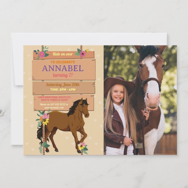 Photo Horse Riding Party Invite Pony Floral  (Front)