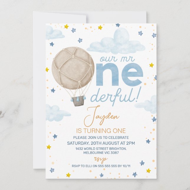 Photo Hot Air Balloon Mr Onederful 1st Birthday  Invitation (Front)