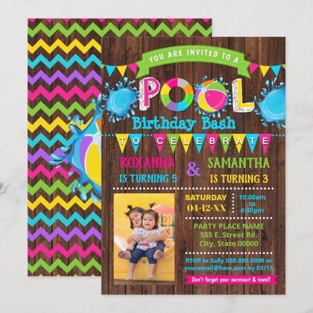 Photo Hot Pink Pool birthday bash combined party Invitation (Front/Back)