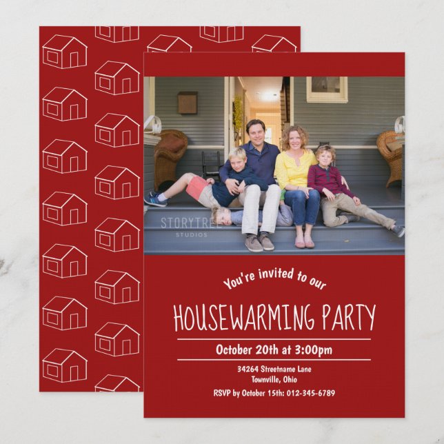 Photo Housewarming Red Invitation (Front/Back)