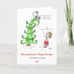 Photo Humour Cat Cartoon Joy Christmas Tree Kitty Holiday Card
